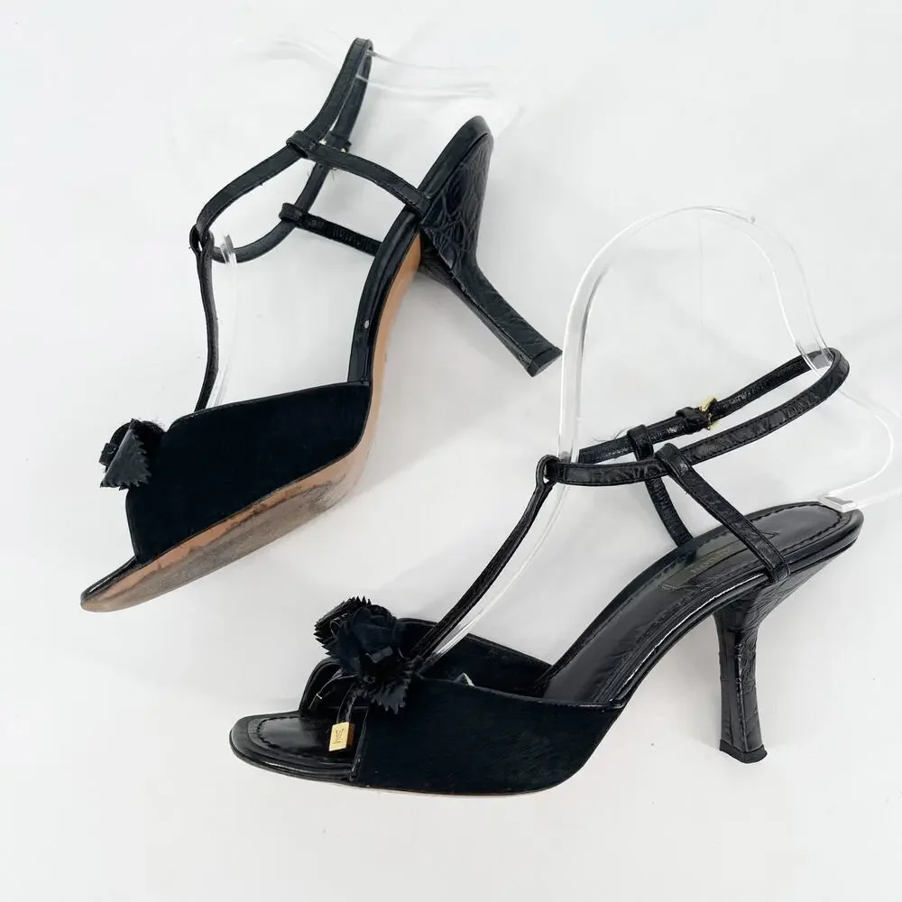 Vintage Louis Vuitton Black Pony-Style Calf Leather Rose T-Strap Sandals EU 37.5